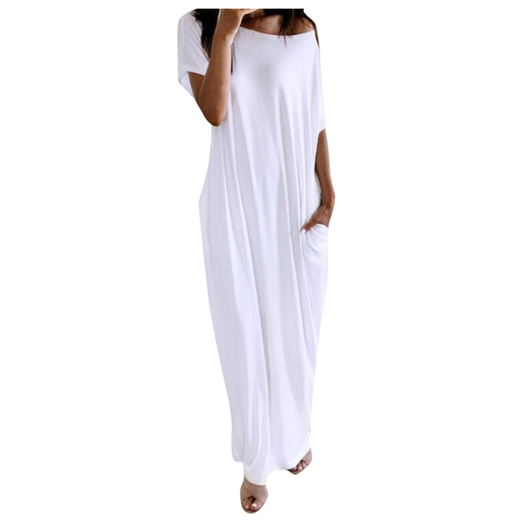 thumbnail image 3 of Vestido largo holgado de manga corta para mujer: hombros inclinados, bolsillos, poliéster, informal, tallas S-XL, 4-10 EE. UU., 3 of 8